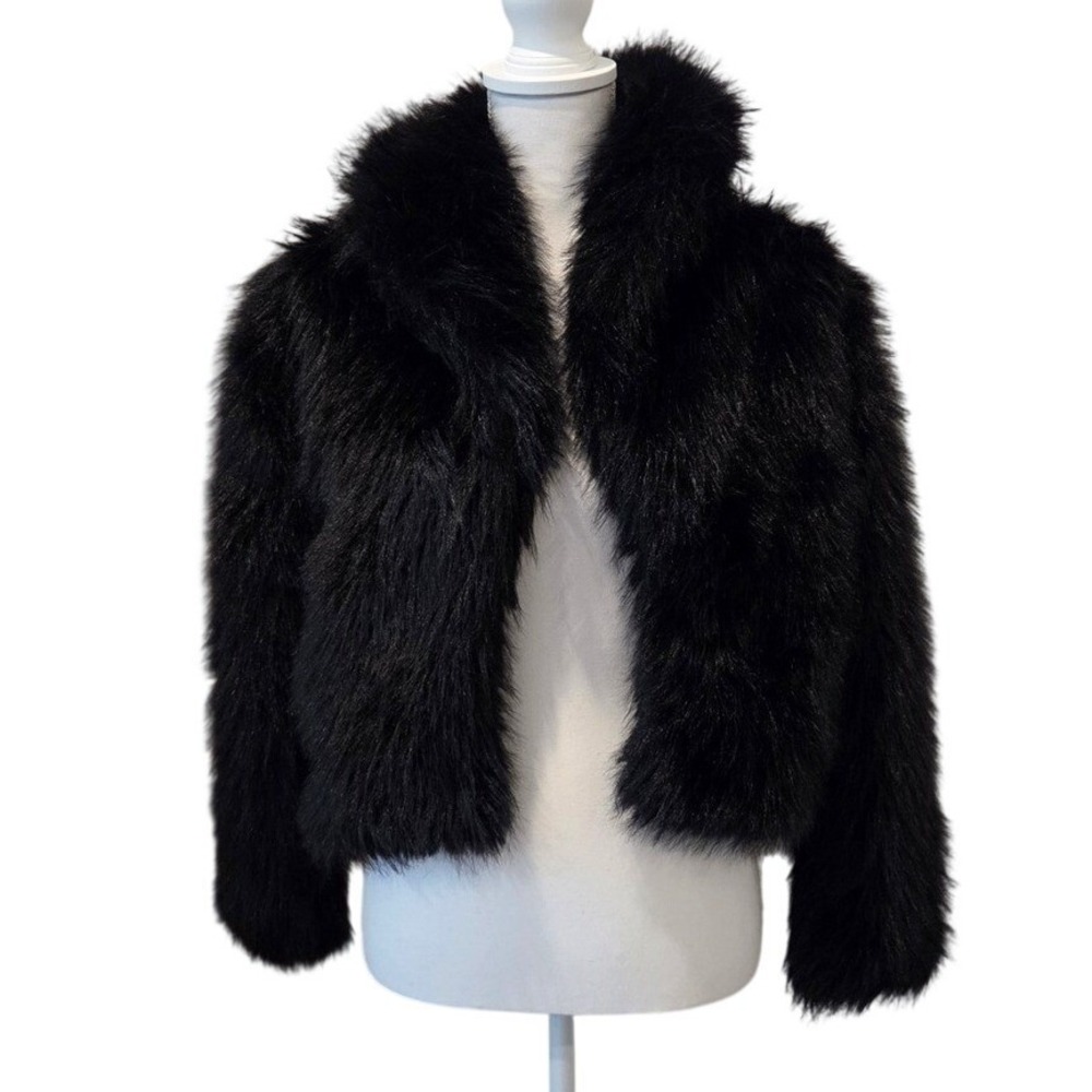 Art Class Faux Fur Shaggy Jacket Cropped Black Glam Goth Winter XL 14